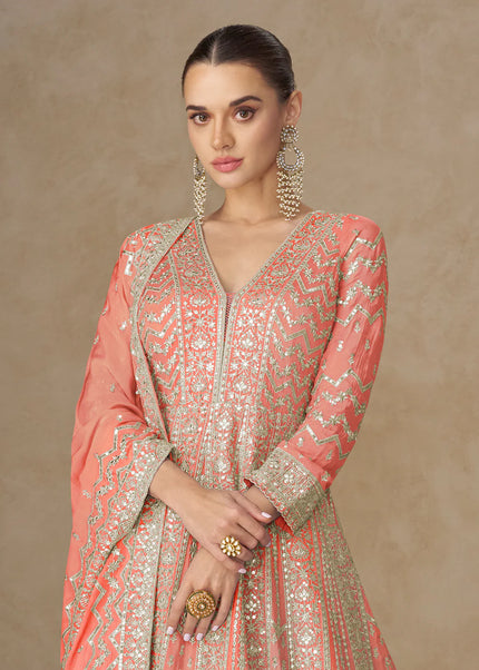 Peach Embroidered Anarkali Gown