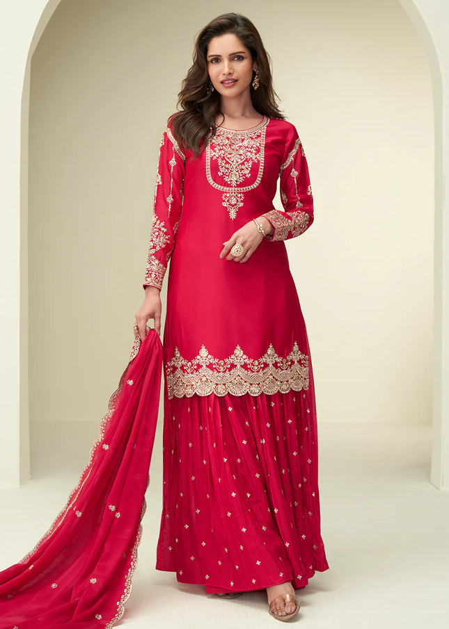 Red Embroidered Sharara Suit