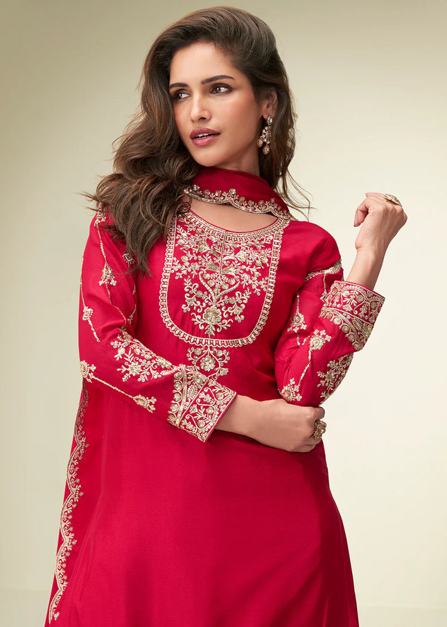 Red Embroidered Sharara Suit