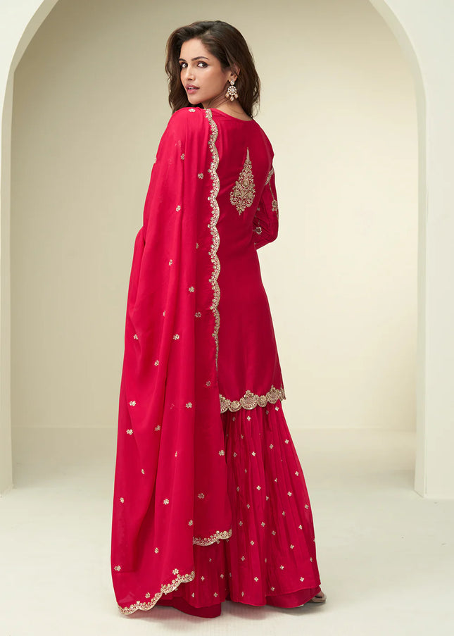 Red Embroidered Sharara Suit