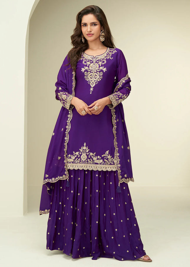 Purple Embroidered Sharara Suit