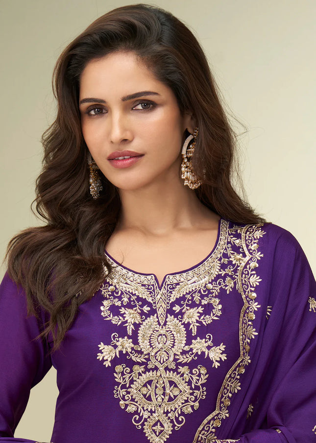 Purple Embroidered Sharara Suit