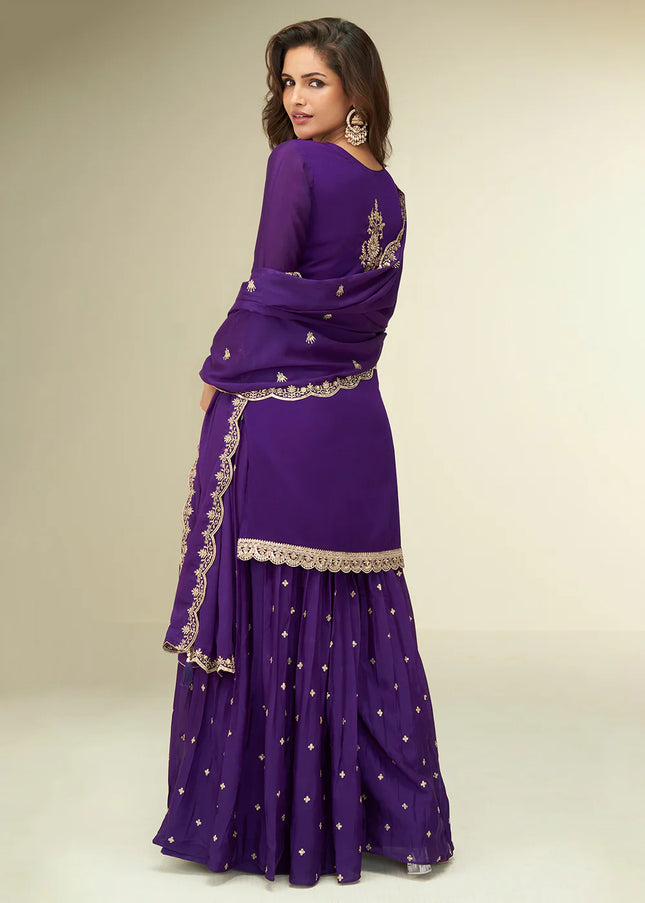 Purple Embroidered Sharara Suit