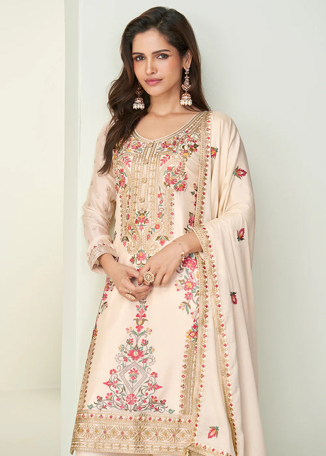 Cream Embroidered Sharara Suit