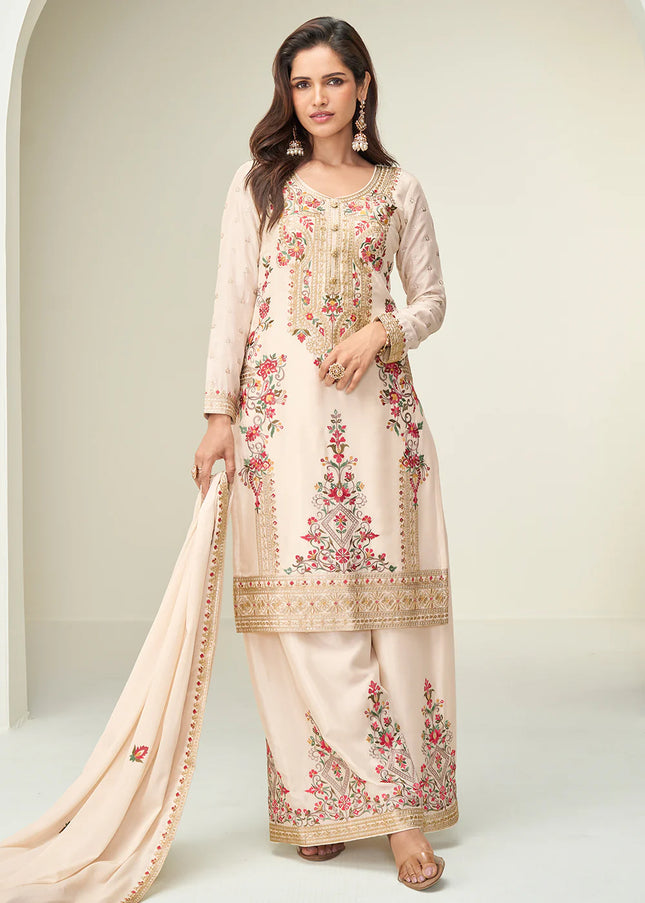 Cream Embroidered Sharara Suit