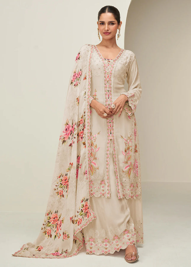 Cream Embroidered Sharara Suit