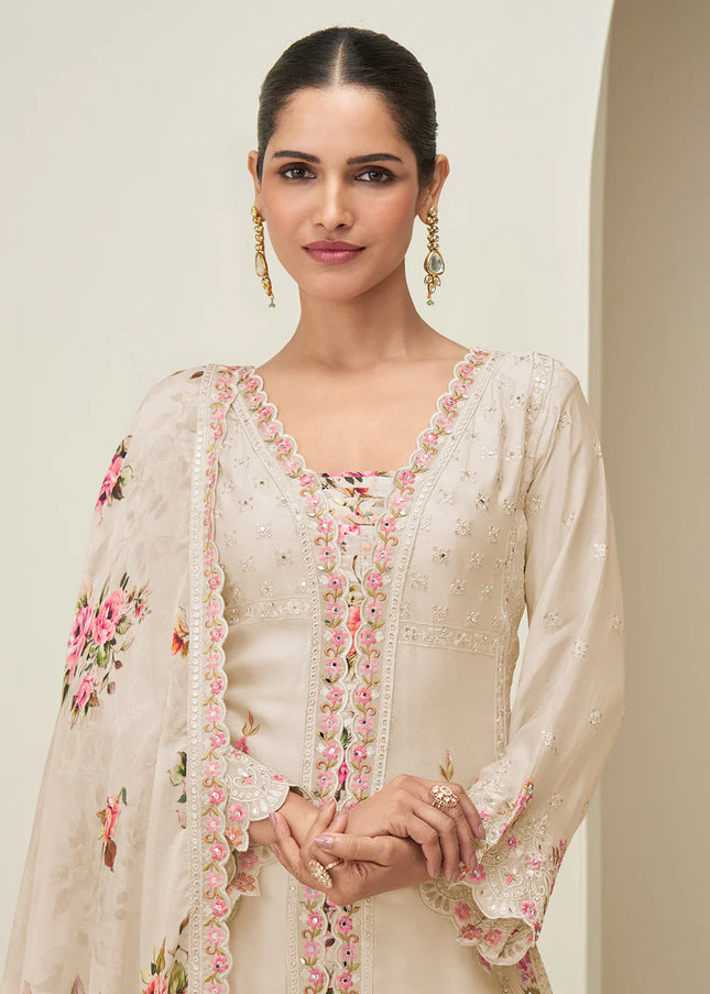 Cream Embroidered Sharara Suit