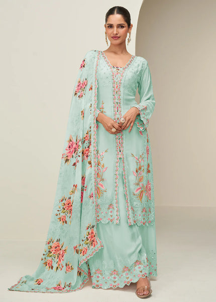 Sky Blue Embroidered Sharara Suit