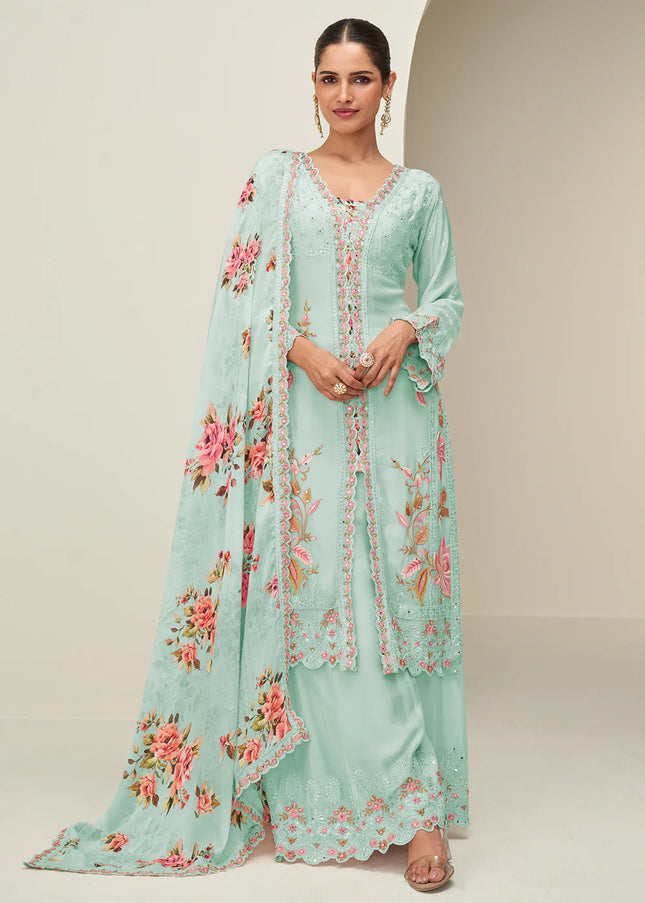Sky Blue Embroidered Sharara Suit