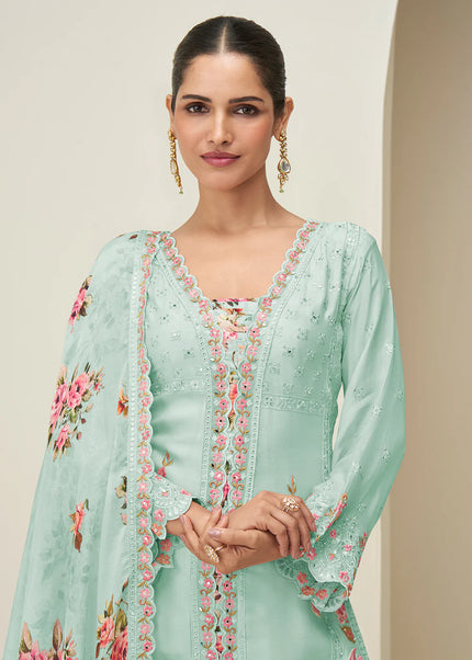 Sky Blue Embroidered Sharara Suit