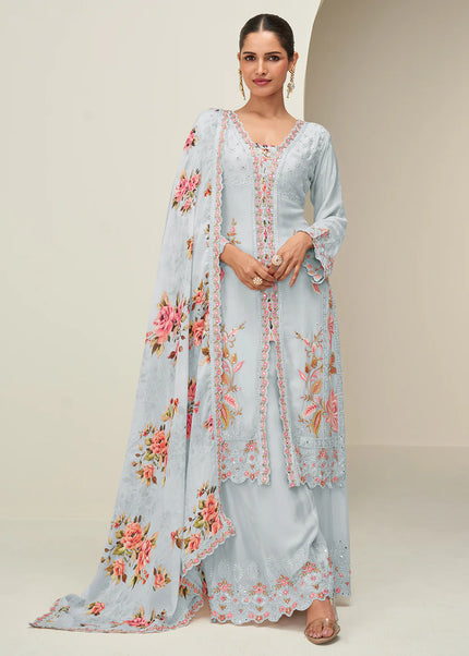 Grey Embroidered Sharara Suit