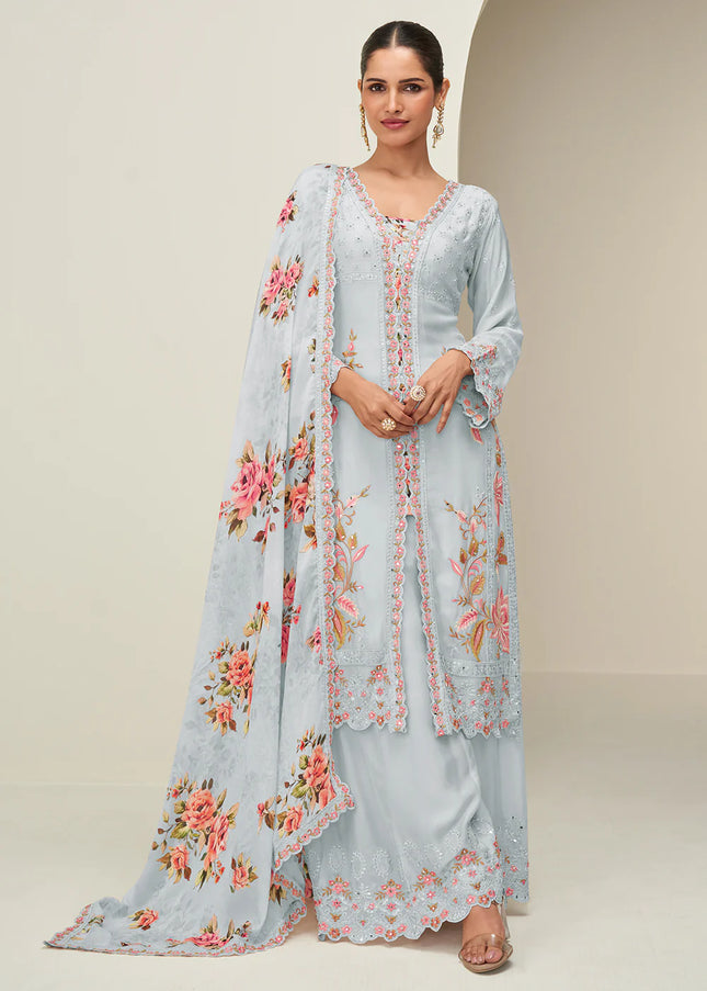 Grey Embroidered Sharara Suit