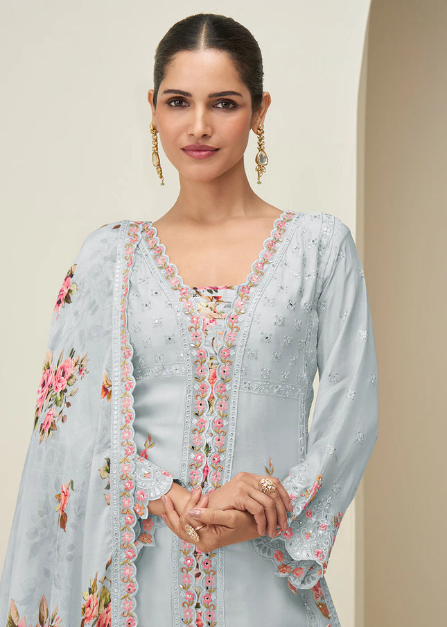 Grey Embroidered Sharara Suit