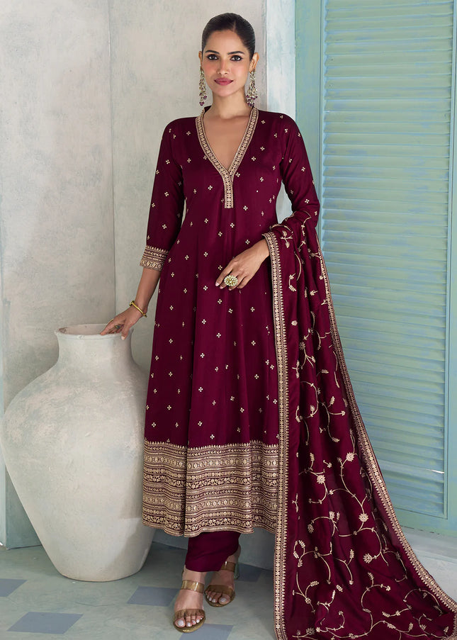 Purple Embroidered Pant Style Suit