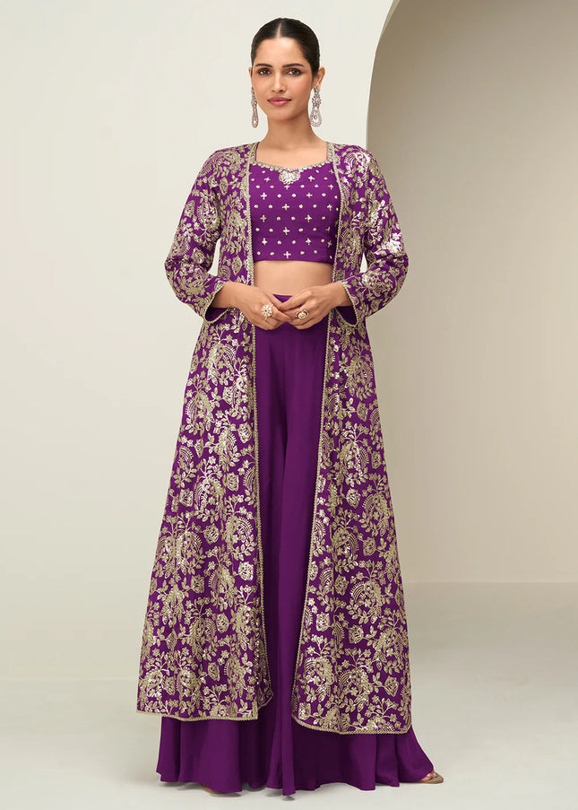 Purple Embroidered Jacket Style Sharara Suit