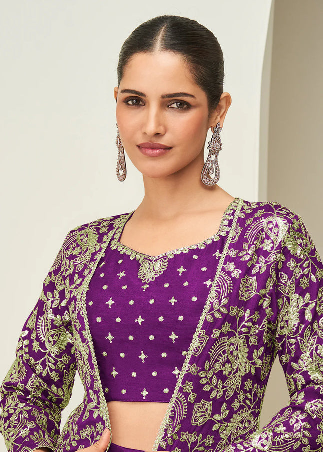 Purple Embroidered Jacket Style Sharara Suit