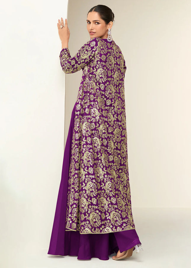 Purple Embroidered Jacket Style Sharara Suit