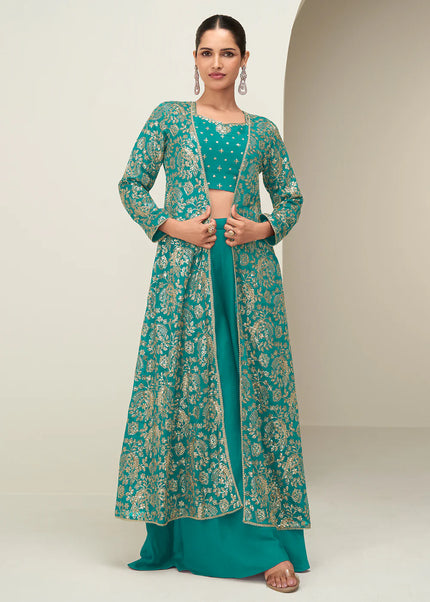 Teal Embroidered Jacket Style Sharara Suit