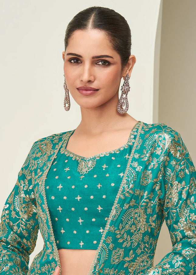 Teal Embroidered Jacket Style Sharara Suit