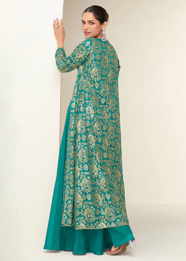 Teal Embroidered Jacket Style Sharara Suit