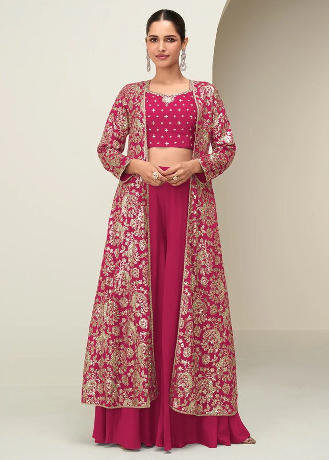 Pink Embroidered Jacket Style Sharara Suit