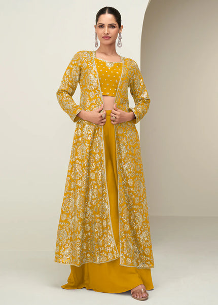 Mustard Yellow Embroidered Jacket Style Sharara Suit