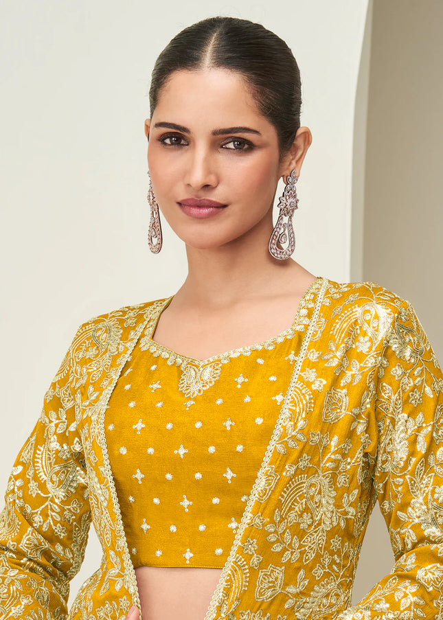 Mustard Yellow Embroidered Jacket Style Sharara Suit