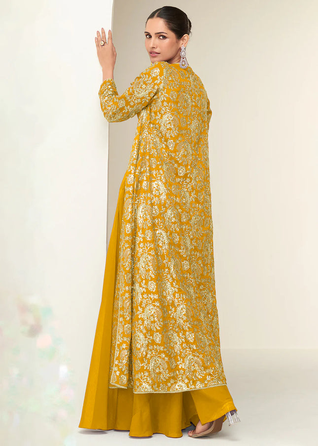 Mustard Yellow Embroidered Jacket Style Sharara Suit