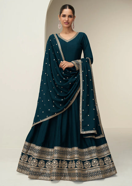 Teal Embroidered Anarkali Gown