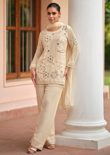Cream Embroidered Pant Style Suit