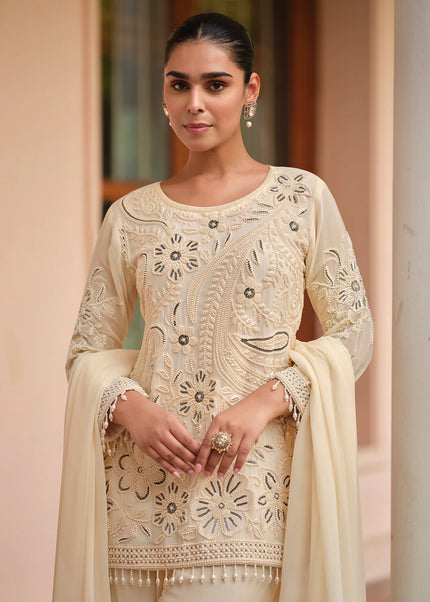 Cream Embroidered Pant Style Suit