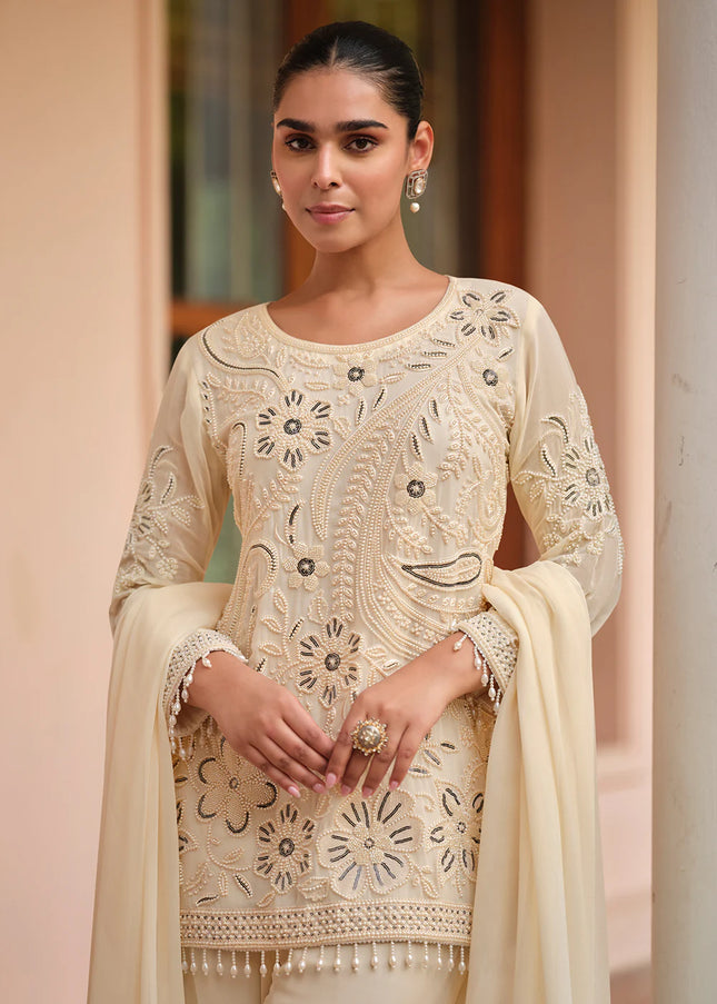 Cream Embroidered Pant Style Suit