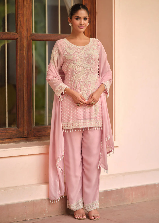 Pink Embroidered Pant Style Suit