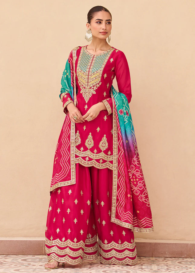 Pink Printed and Embroidered Sharara Suit