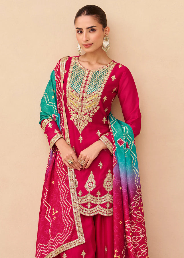 Pink Printed and Embroidered Sharara Suit