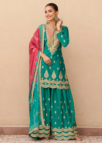 Teal Printed and Embroidered Sharara Suit