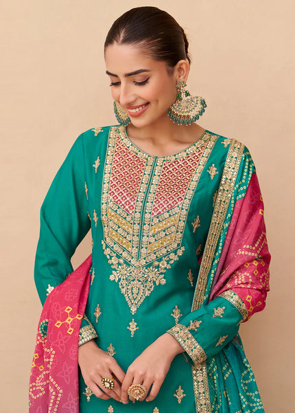 Teal Printed and Embroidered Sharara Suit
