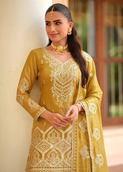 Mustard Yellow Embroidered Sharara Suit