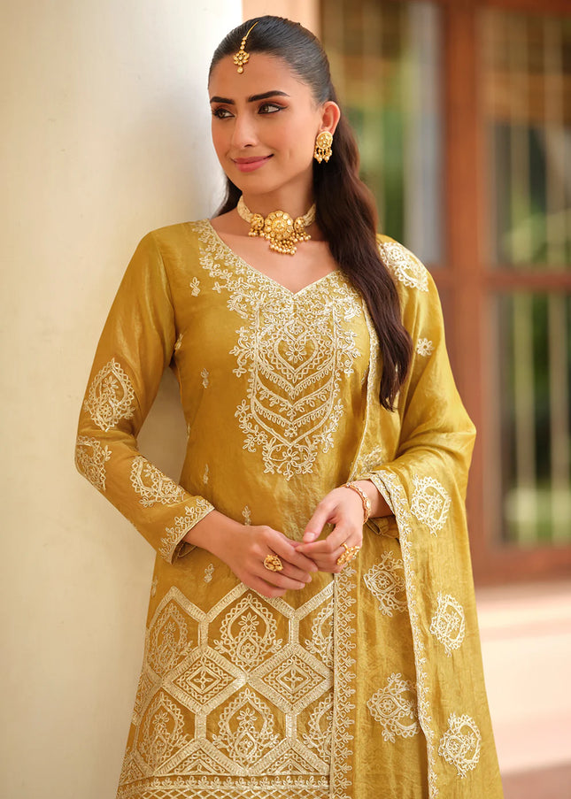Mustard Yellow Embroidered Sharara Suit