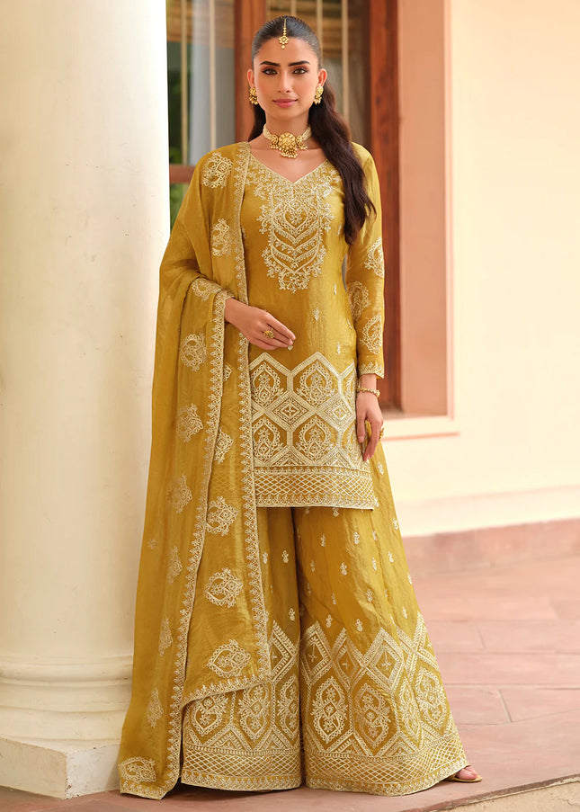 Mustard Yellow Embroidered Sharara Suit