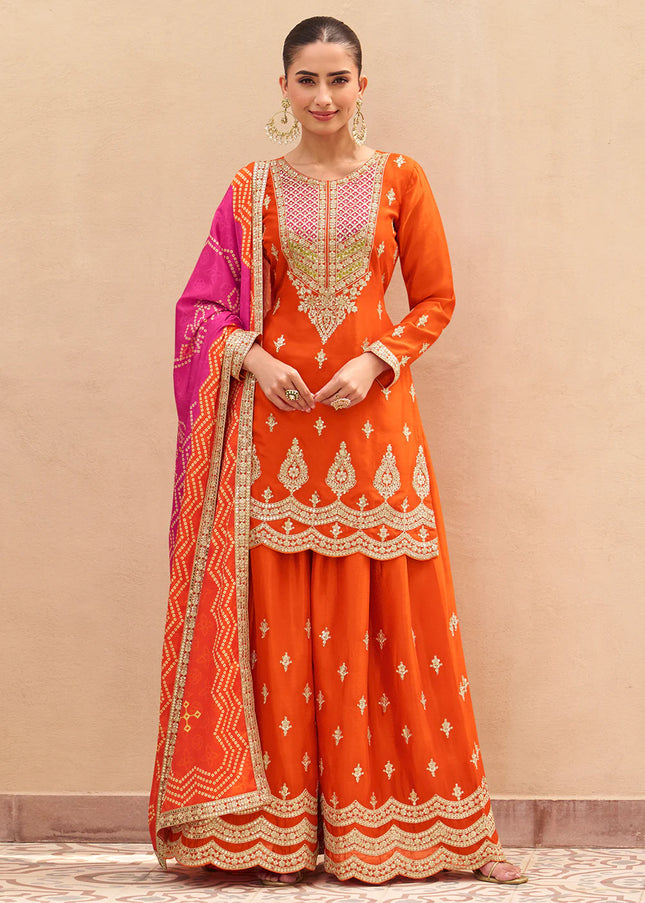 Orange Printed and Embroidered Sharara Suit