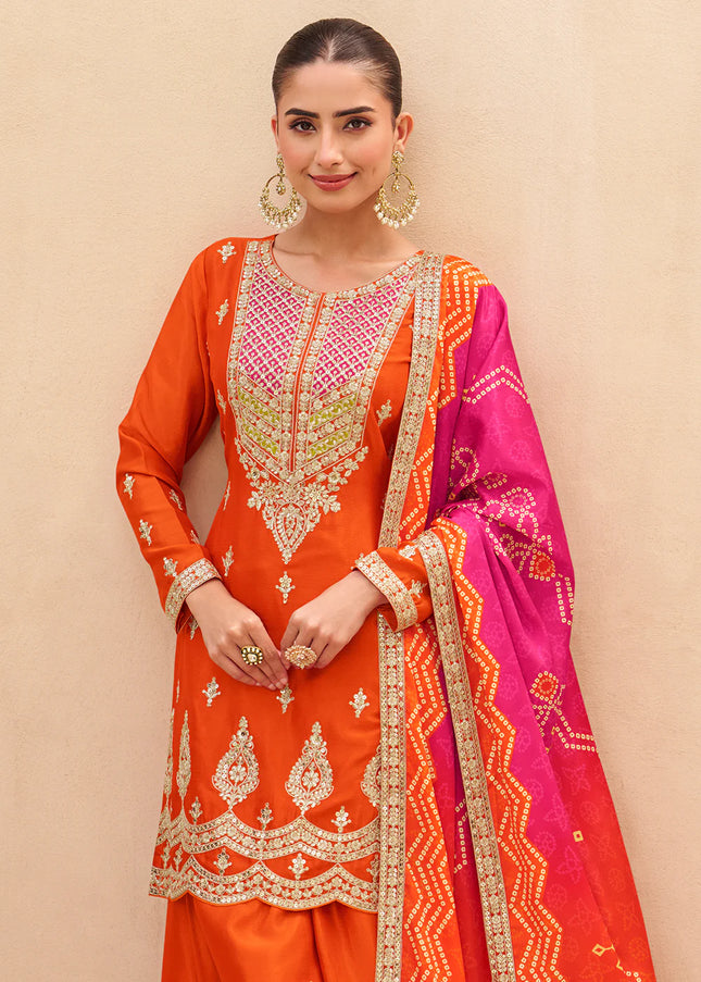 Orange Printed and Embroidered Sharara Suit