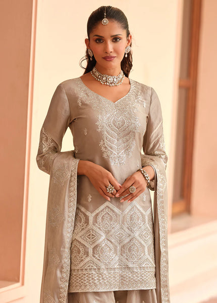 Beige Embroidered Sharara Suit