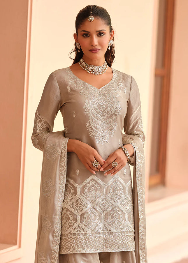 Beige Embroidered Sharara Suit