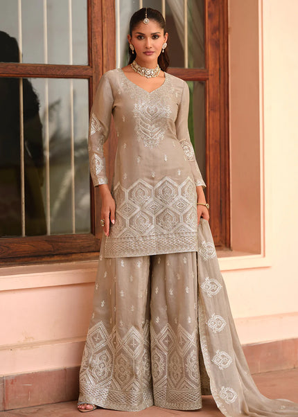 Beige Embroidered Sharara Suit