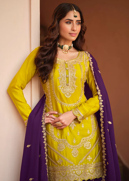 Golden Embroidered Sharara Suit