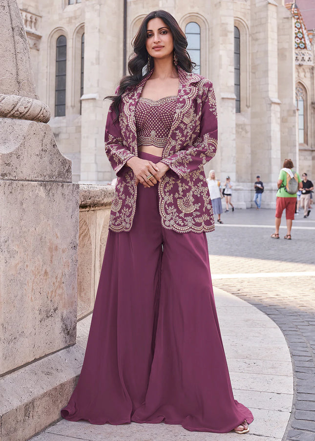 Pink Embroidered Jacket Style Sharara Suit