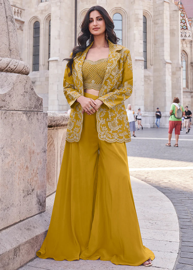 Mustard Embroidered Jacket Style Sharara Suit