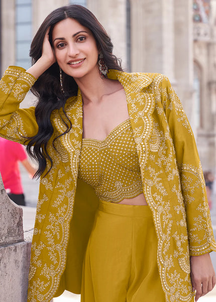 Mustard Embroidered Jacket Style Sharara Suit