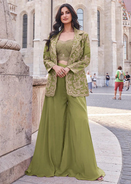 Green Embroidered Jacket Style Sharara Suit